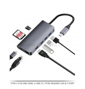 TYPE C 8 IN ONE HDMI, 3 USB 3.0, TFSD READER LAN & C PORT